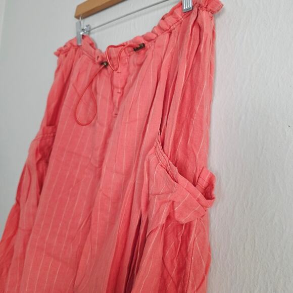 Free People Coral Orange Striped Linen Blend Midi Skirt Drawstring Pockets M - Picture 6 of 14